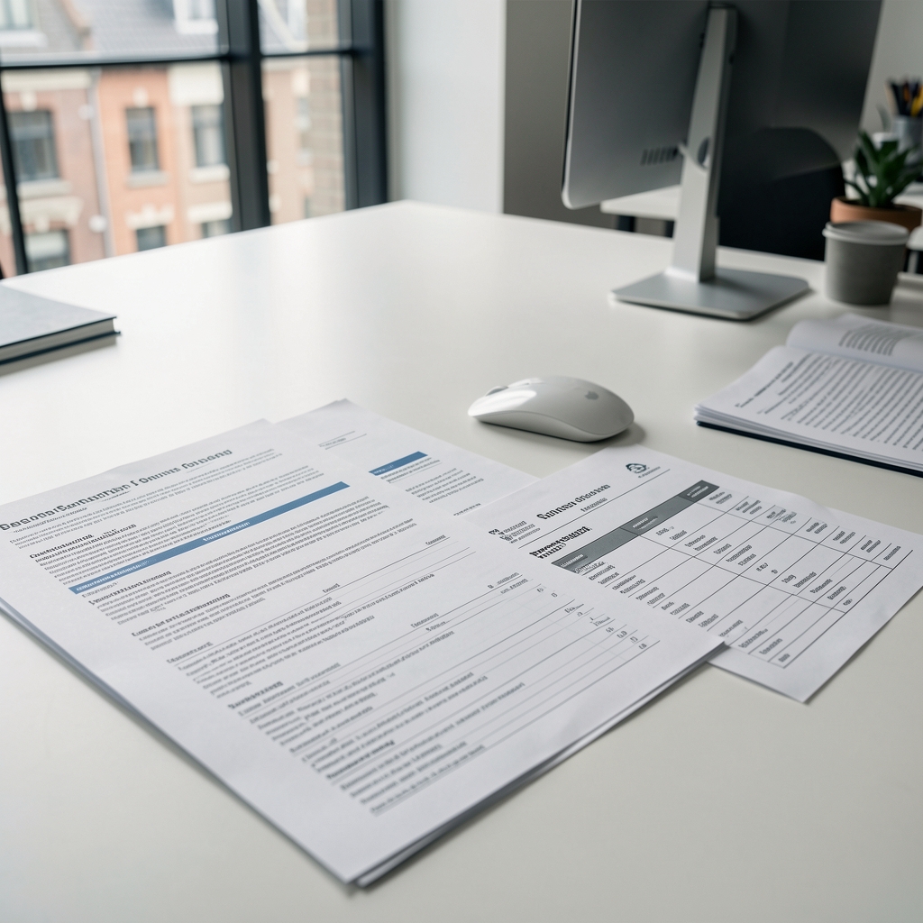 Brussels editorial workspace with regulatory documentation and ingredient specification sheets on a clean surface