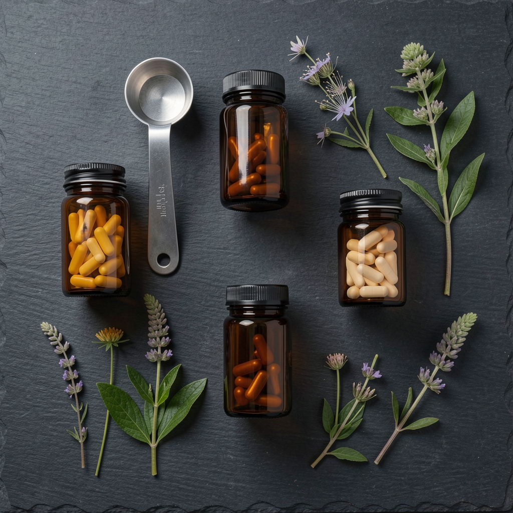 Flat-lay of amber glass supplement jars on a dark slate surface, shot under controlled studio lighting with a measuring scoop and plant botanical specimens arranged systematically