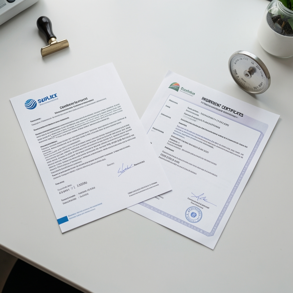 Supplier documentation and ingredient certificates laid on a clean workspace surface, overhead lighting, stamps visible