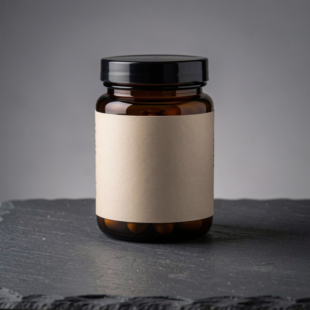 Close-up of a dark amber glass jar with a matte label showing mineral complex formulation, placed on a weathered wooden surface under controlled lighting