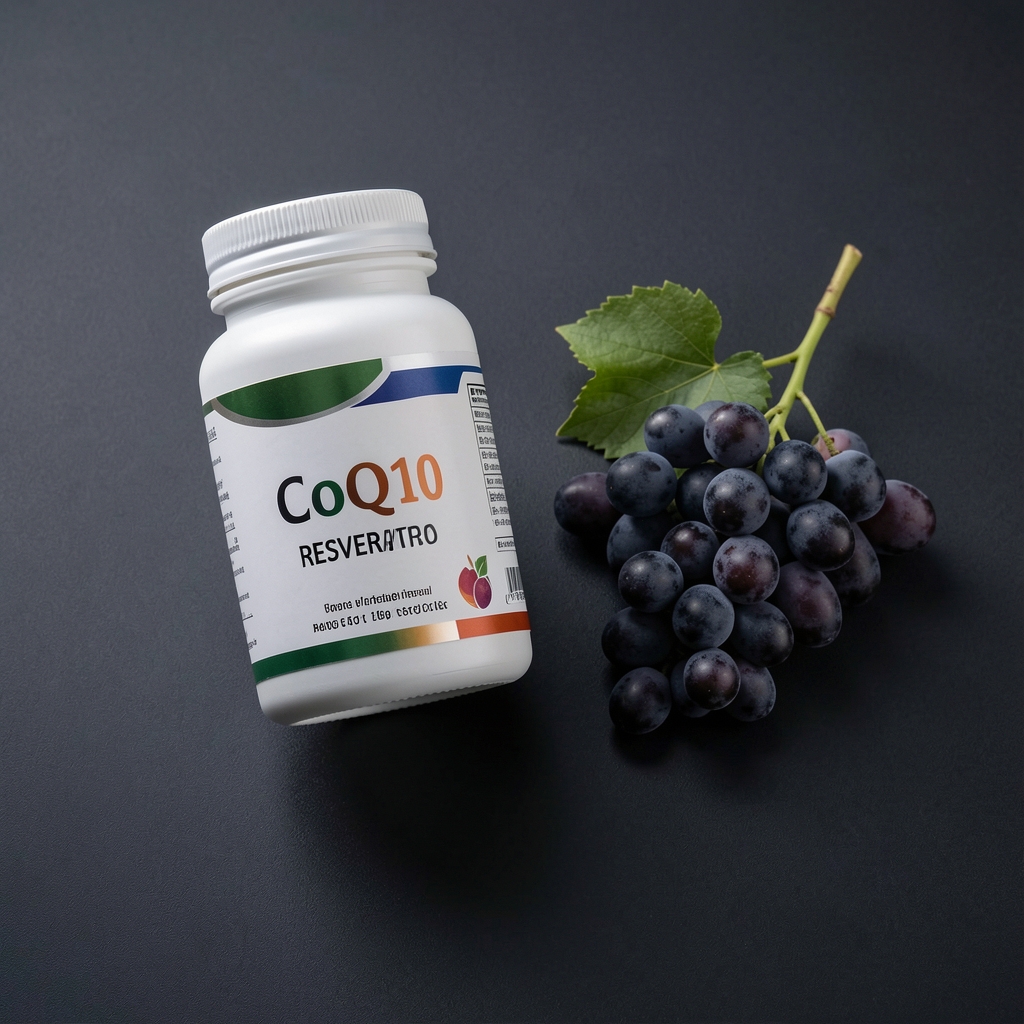 CoQ10 supplement container and resveratrol source grape extract on dark matte surface, editorial overhead lighting