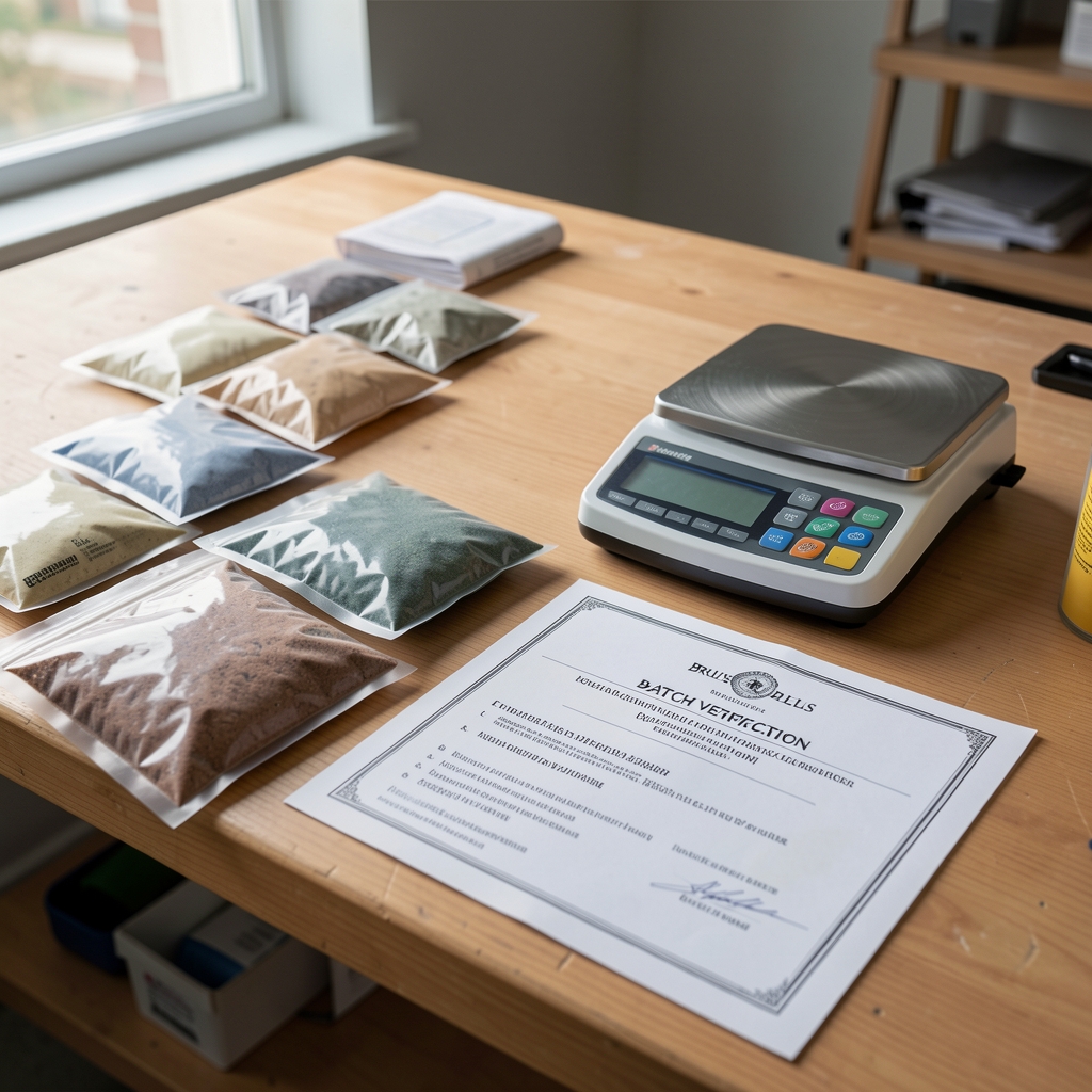 Workbench in a Brussels supplement documentation studio with opened ingredient sample pouches, a digital precision scale, and printed batch verification certificates laid flat
