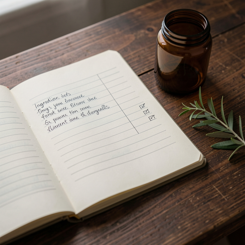 Close-up of a notebook open to a handwritten ingredient traceability log on a dark oak desk, beside an amber glass sample jar and a small botanical sprig